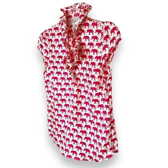 Elizabeth McKay ELIZABETH SHIRT Hot Pink Elephant Print Ruffle Blouse Top Size 0 - Picture 4 of 12